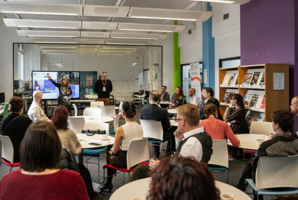 The attendees watch the opening speech by Cheri Ashby, Deputy CEO at Activate Learning, and Matt Beck, Director of Blended and Online Learning at Heart of Worcestershire College and the Blended Learning Consortium. 