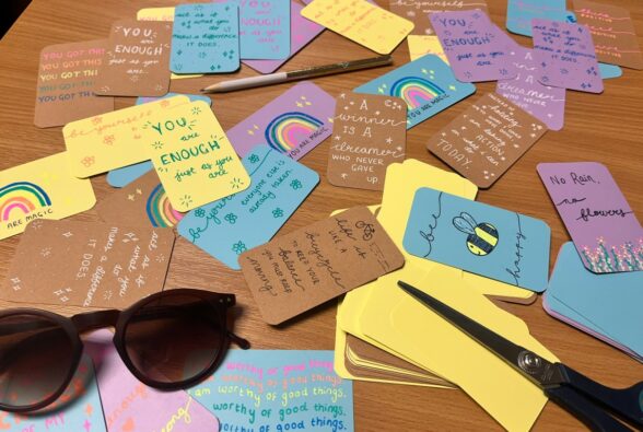 Positive messages written on cards