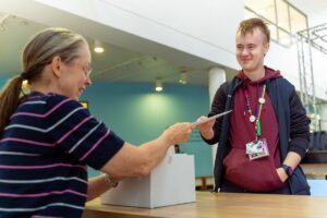 Seth Gay collecting his results