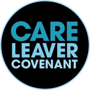 Care leaver covenant written in a gradient of blue on a black circle